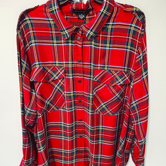 Sanctuary NEW Women's Red Plaid Boyfriend Fit Long Sleeve Snap Blouse Top- 2X - Picture 1 of 8